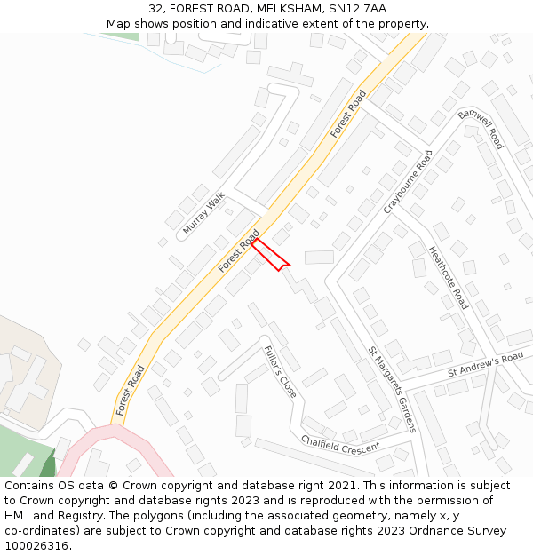 32, FOREST ROAD, MELKSHAM, SN12 7AA: Location map and indicative extent of plot