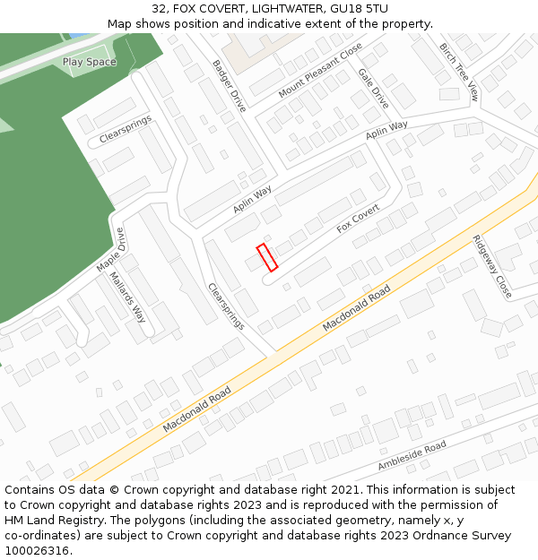 32, FOX COVERT, LIGHTWATER, GU18 5TU: Location map and indicative extent of plot