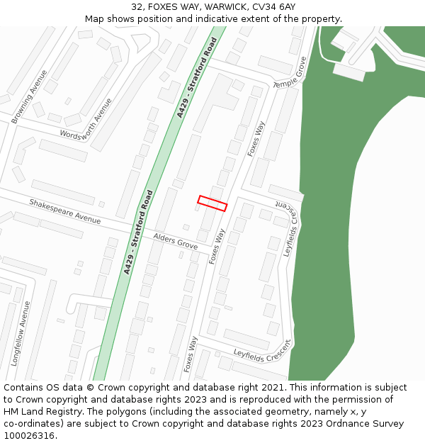 32, FOXES WAY, WARWICK, CV34 6AY: Location map and indicative extent of plot