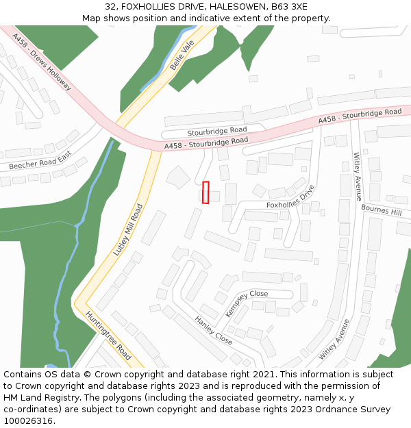 32, FOXHOLLIES DRIVE, HALESOWEN, B63 3XE: Location map and indicative extent of plot