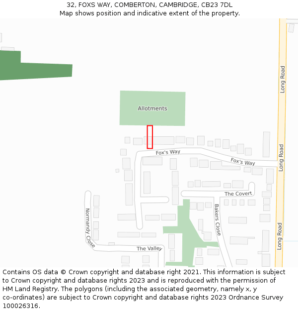 32, FOXS WAY, COMBERTON, CAMBRIDGE, CB23 7DL: Location map and indicative extent of plot