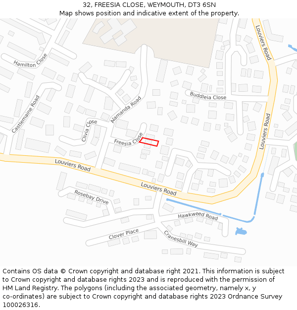 32, FREESIA CLOSE, WEYMOUTH, DT3 6SN: Location map and indicative extent of plot