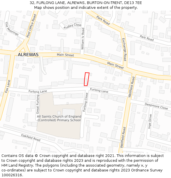 32, FURLONG LANE, ALREWAS, BURTON-ON-TRENT, DE13 7EE: Location map and indicative extent of plot