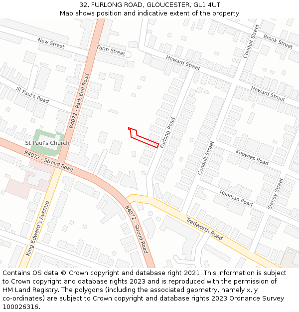 32, FURLONG ROAD, GLOUCESTER, GL1 4UT: Location map and indicative extent of plot