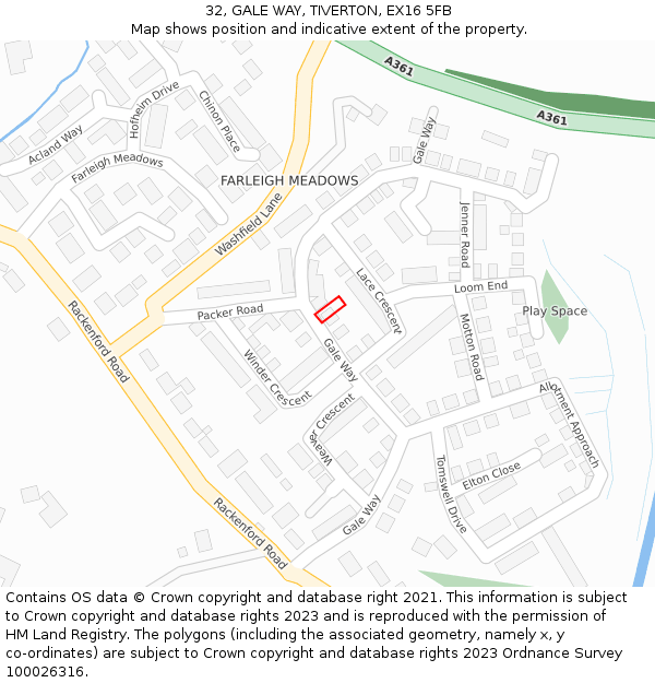 32, GALE WAY, TIVERTON, EX16 5FB: Location map and indicative extent of plot