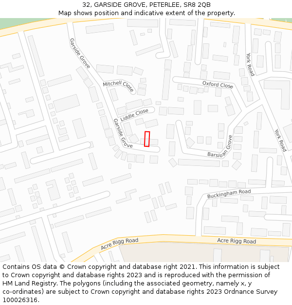 32, GARSIDE GROVE, PETERLEE, SR8 2QB: Location map and indicative extent of plot