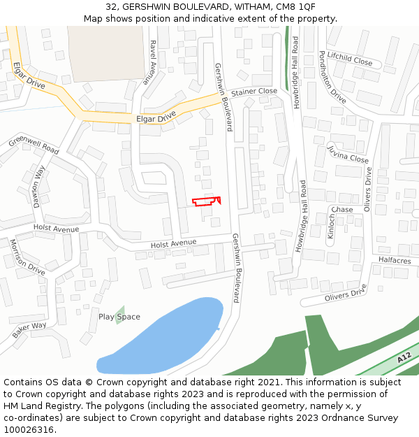 32, GERSHWIN BOULEVARD, WITHAM, CM8 1QF: Location map and indicative extent of plot