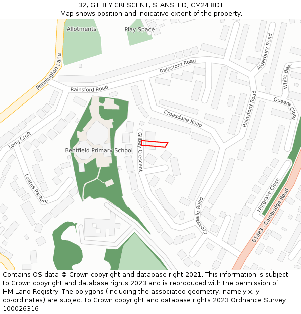 32, GILBEY CRESCENT, STANSTED, CM24 8DT: Location map and indicative extent of plot