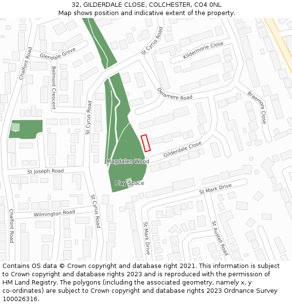 32, GILDERDALE CLOSE, COLCHESTER, CO4 0NL: Location map and indicative extent of plot