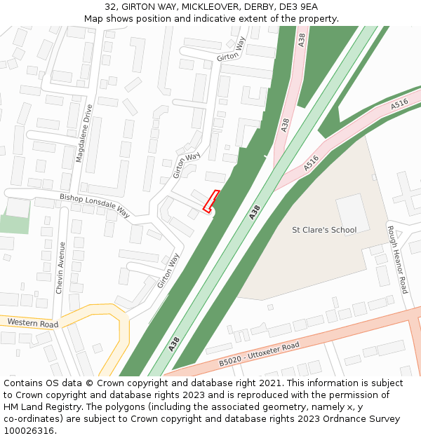 32, GIRTON WAY, MICKLEOVER, DERBY, DE3 9EA: Location map and indicative extent of plot