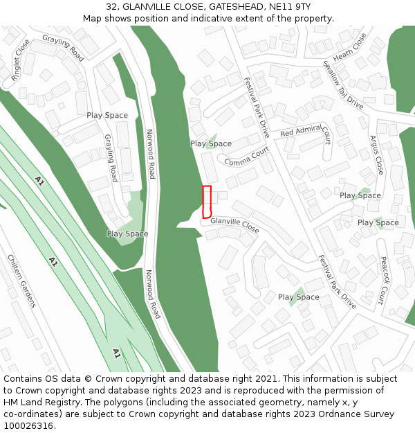 32, GLANVILLE CLOSE, GATESHEAD, NE11 9TY: Location map and indicative extent of plot