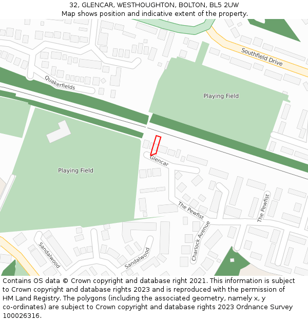 32, GLENCAR, WESTHOUGHTON, BOLTON, BL5 2UW: Location map and indicative extent of plot