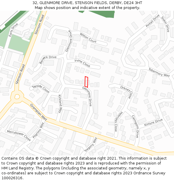 32, GLENMORE DRIVE, STENSON FIELDS, DERBY, DE24 3HT: Location map and indicative extent of plot