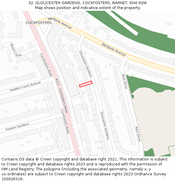 32, GLOUCESTER GARDENS, COCKFOSTERS, BARNET, EN4 0QW: Location map and indicative extent of plot