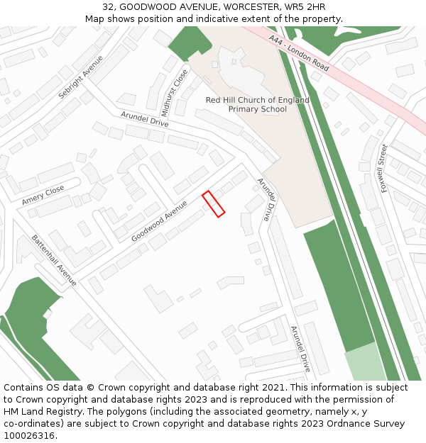 32, GOODWOOD AVENUE, WORCESTER, WR5 2HR: Location map and indicative extent of plot