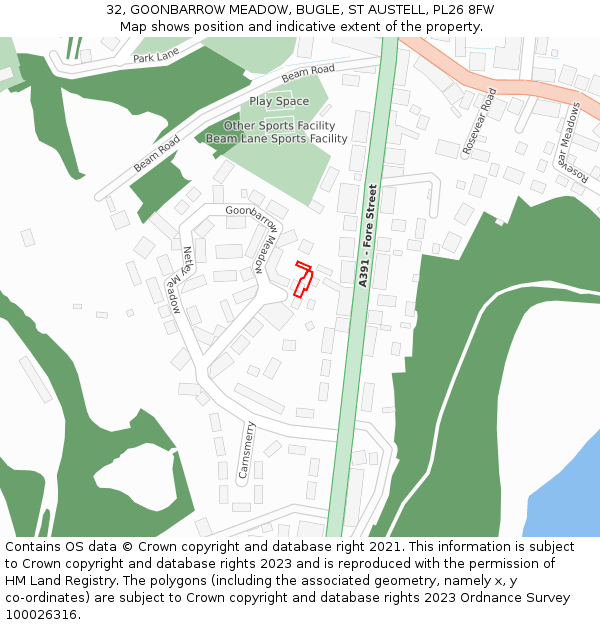 32, GOONBARROW MEADOW, BUGLE, ST AUSTELL, PL26 8FW: Location map and indicative extent of plot