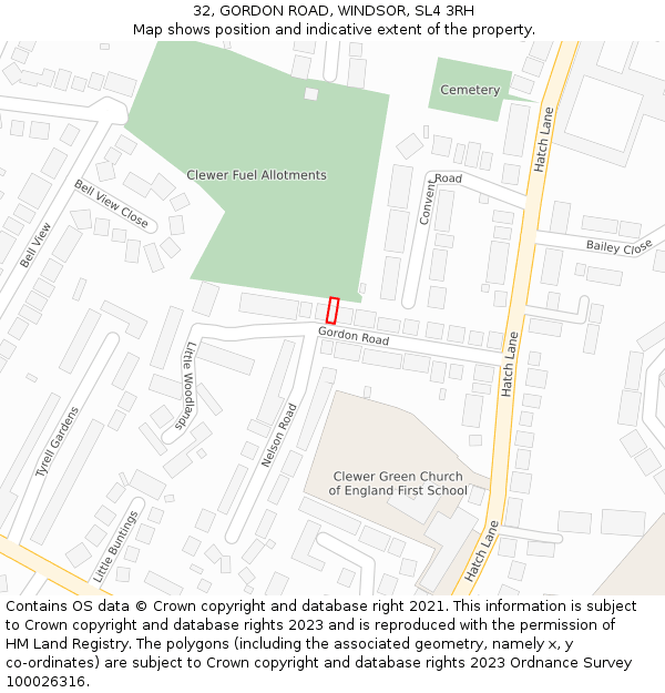 32, GORDON ROAD, WINDSOR, SL4 3RH: Location map and indicative extent of plot