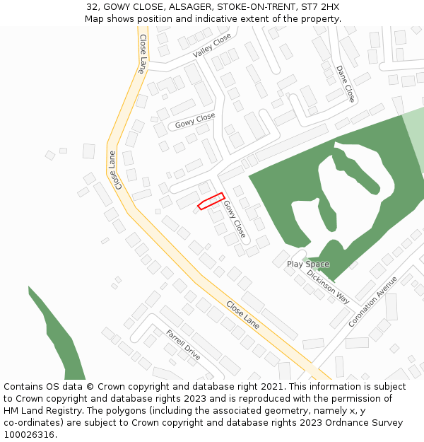 32, GOWY CLOSE, ALSAGER, STOKE-ON-TRENT, ST7 2HX: Location map and indicative extent of plot