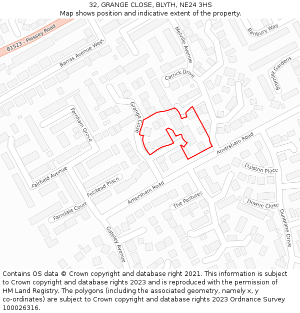 32, GRANGE CLOSE, BLYTH, NE24 3HS: Location map and indicative extent of plot