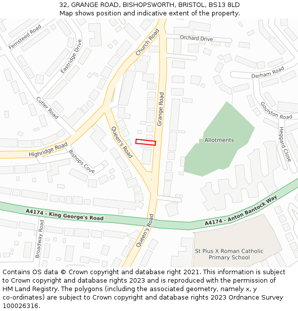 32, GRANGE ROAD, BISHOPSWORTH, BRISTOL, BS13 8LD: Location map and indicative extent of plot