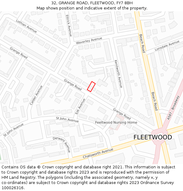 32, GRANGE ROAD, FLEETWOOD, FY7 8BH: Location map and indicative extent of plot