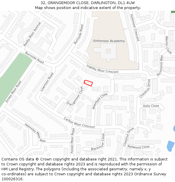 32, GRANGEMOOR CLOSE, DARLINGTON, DL1 4UW: Location map and indicative extent of plot