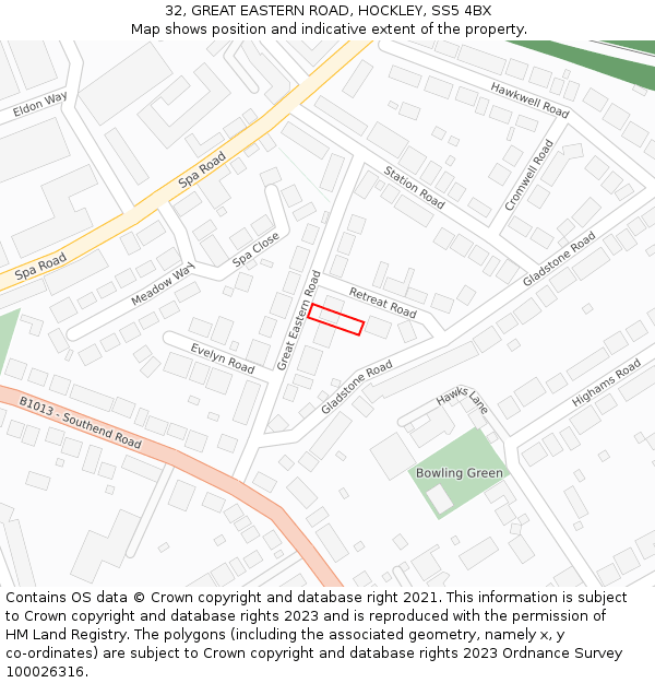 32, GREAT EASTERN ROAD, HOCKLEY, SS5 4BX: Location map and indicative extent of plot