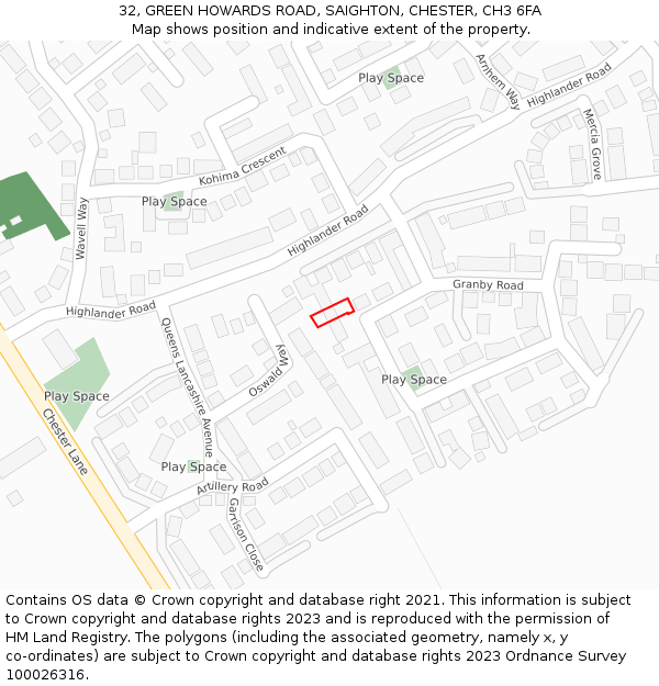32, GREEN HOWARDS ROAD, SAIGHTON, CHESTER, CH3 6FA: Location map and indicative extent of plot