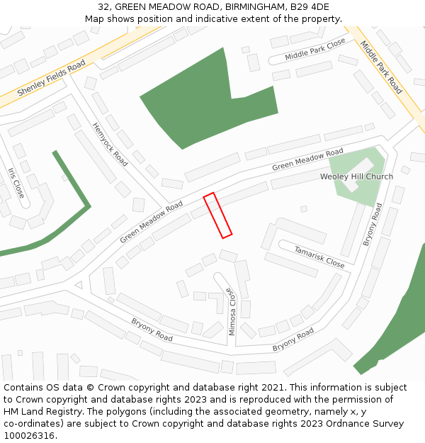 32, GREEN MEADOW ROAD, BIRMINGHAM, B29 4DE: Location map and indicative extent of plot