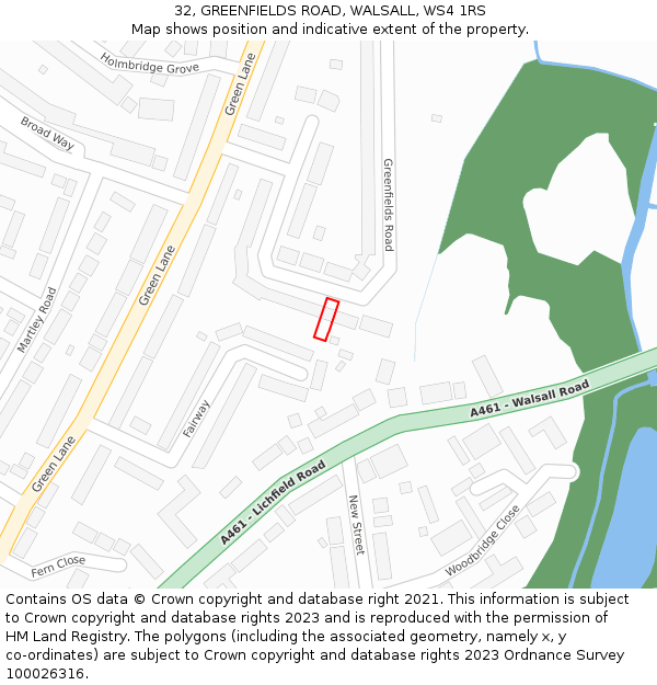 32, GREENFIELDS ROAD, WALSALL, WS4 1RS: Location map and indicative extent of plot