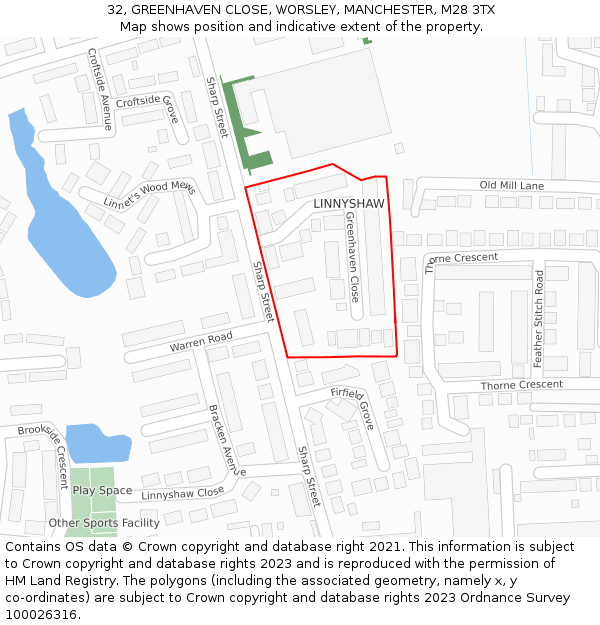 32, GREENHAVEN CLOSE, WORSLEY, MANCHESTER, M28 3TX: Location map and indicative extent of plot