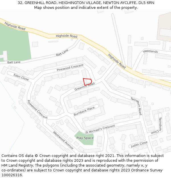 32, GREENHILL ROAD, HEIGHINGTON VILLAGE, NEWTON AYCLIFFE, DL5 6RN: Location map and indicative extent of plot