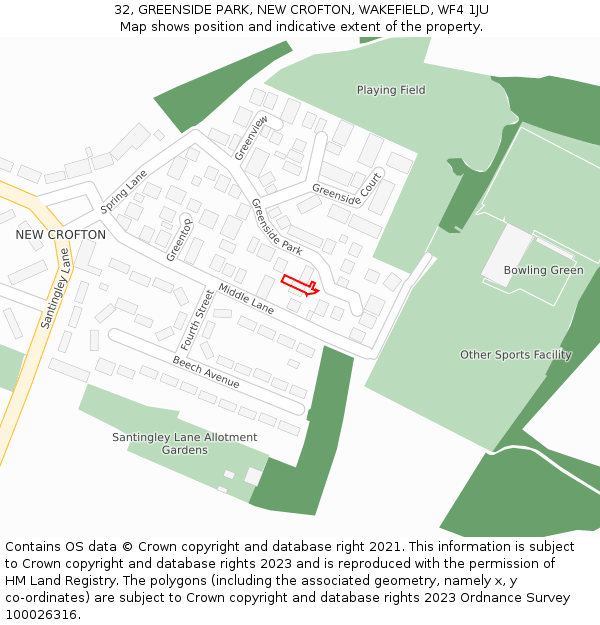 32, GREENSIDE PARK, NEW CROFTON, WAKEFIELD, WF4 1JU: Location map and indicative extent of plot