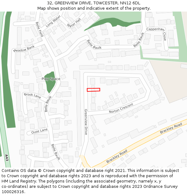 32, GREENVIEW DRIVE, TOWCESTER, NN12 6DL: Location map and indicative extent of plot