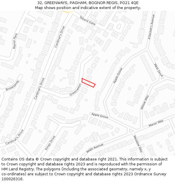 32, GREENWAYS, PAGHAM, BOGNOR REGIS, PO21 4QE: Location map and indicative extent of plot