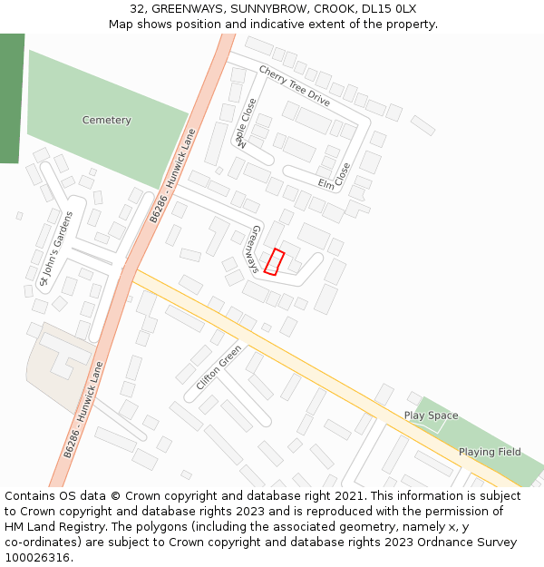 32, GREENWAYS, SUNNYBROW, CROOK, DL15 0LX: Location map and indicative extent of plot