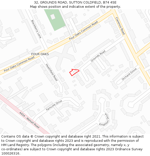 32, GROUNDS ROAD, SUTTON COLDFIELD, B74 4SE: Location map and indicative extent of plot