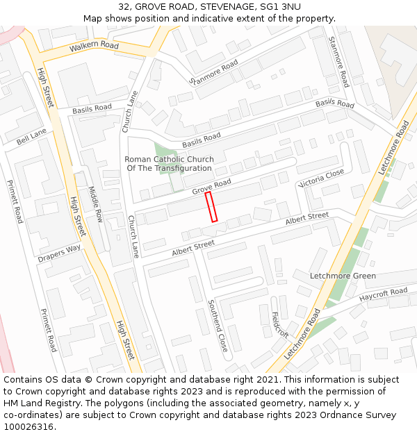 32, GROVE ROAD, STEVENAGE, SG1 3NU: Location map and indicative extent of plot