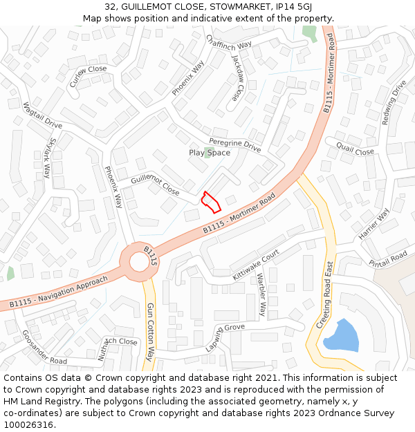 32, GUILLEMOT CLOSE, STOWMARKET, IP14 5GJ: Location map and indicative extent of plot