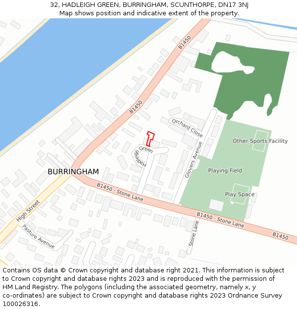 32, HADLEIGH GREEN, BURRINGHAM, SCUNTHORPE, DN17 3NJ: Location map and indicative extent of plot