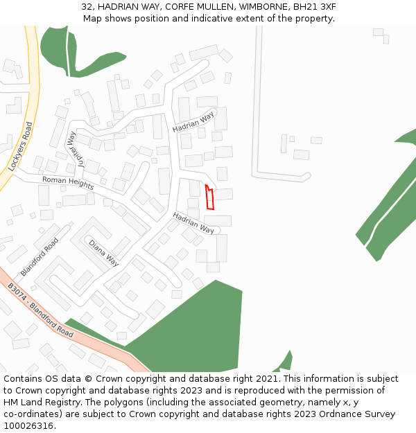 32, HADRIAN WAY, CORFE MULLEN, WIMBORNE, BH21 3XF: Location map and indicative extent of plot