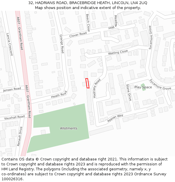 32, HADRIANS ROAD, BRACEBRIDGE HEATH, LINCOLN, LN4 2UQ: Location map and indicative extent of plot