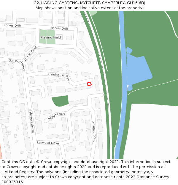 32, HAINING GARDENS, MYTCHETT, CAMBERLEY, GU16 6BJ: Location map and indicative extent of plot