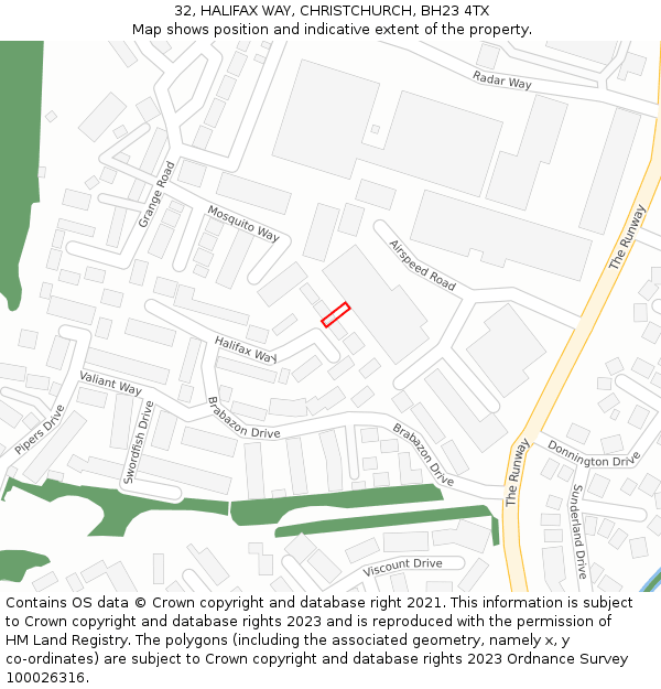 32, HALIFAX WAY, CHRISTCHURCH, BH23 4TX: Location map and indicative extent of plot