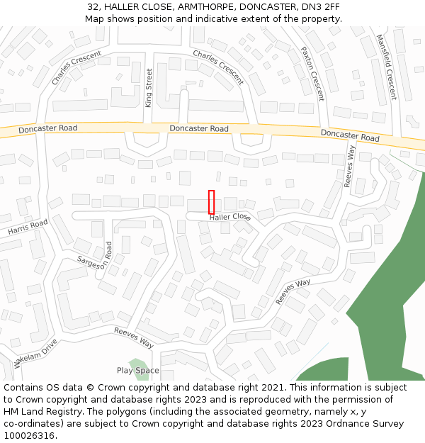 32, HALLER CLOSE, ARMTHORPE, DONCASTER, DN3 2FF: Location map and indicative extent of plot
