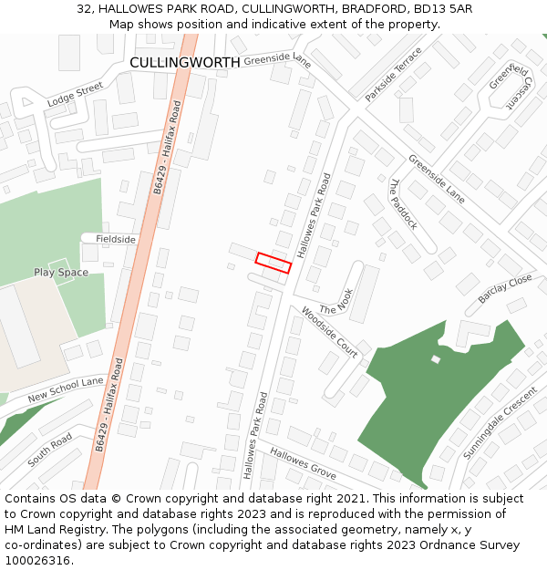 32, HALLOWES PARK ROAD, CULLINGWORTH, BRADFORD, BD13 5AR: Location map and indicative extent of plot