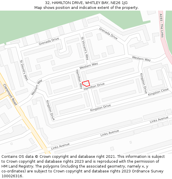 32, HAMILTON DRIVE, WHITLEY BAY, NE26 1JG: Location map and indicative extent of plot