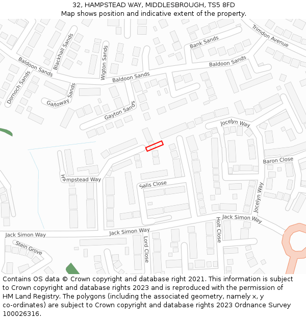 32, HAMPSTEAD WAY, MIDDLESBROUGH, TS5 8FD: Location map and indicative extent of plot