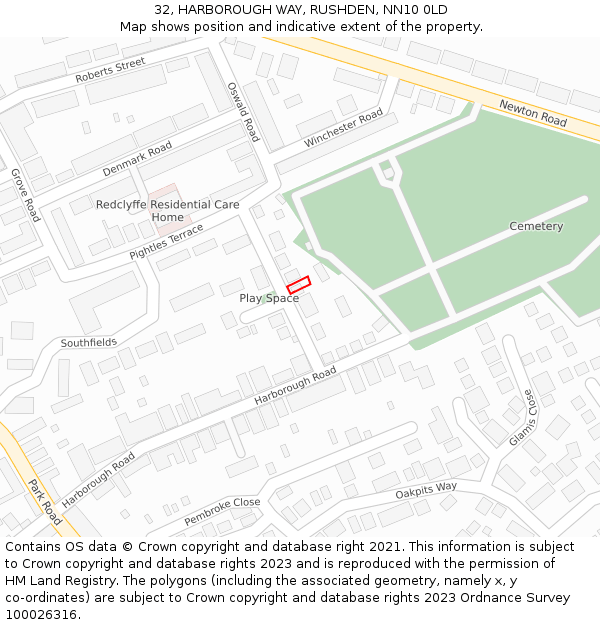 32, HARBOROUGH WAY, RUSHDEN, NN10 0LD: Location map and indicative extent of plot