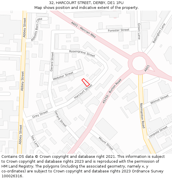 32, HARCOURT STREET, DERBY, DE1 1PU: Location map and indicative extent of plot